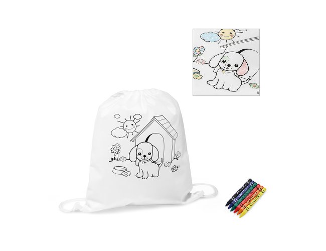Sacola tipo mochila para colorir. Non-woven: 80 g/m. Com desenho impre
