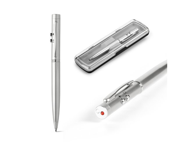 Esferogrfica. Metal. Com ponteira laser e LED. Incluso 3 pilhas LR41.