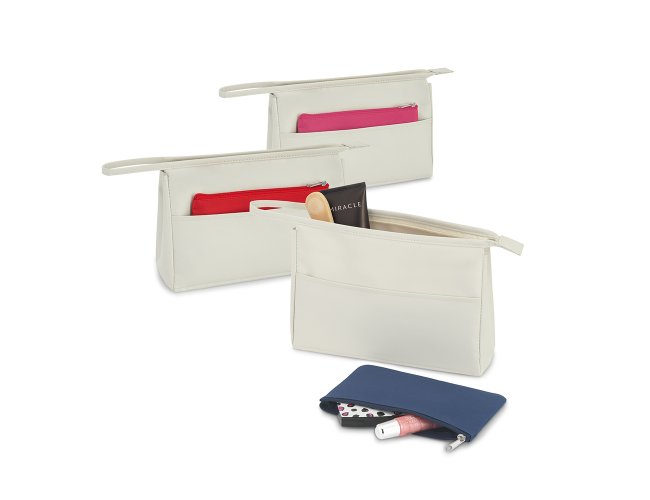 Bolsa de cosmticos. Microfibra. Com bolso frontal e bolsa multiusos.