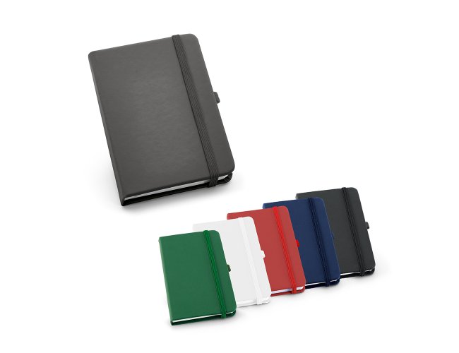 Caderno capa dura. C. sinttico. Com porta esferogrfica e 80 folhas n