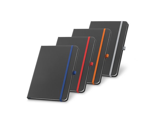 Caderno capa dura. C. sinttico. Com porta esferogrfica e 80 folhas pa