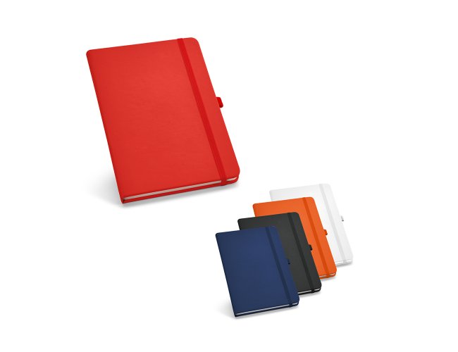 Caderno capa dura. C. sinttico. Com porta esferogrfica e 80 folhas n