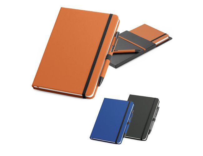 Kit de caderno e esferogrfica. C. sinttico. Com 80 folhas no pautada