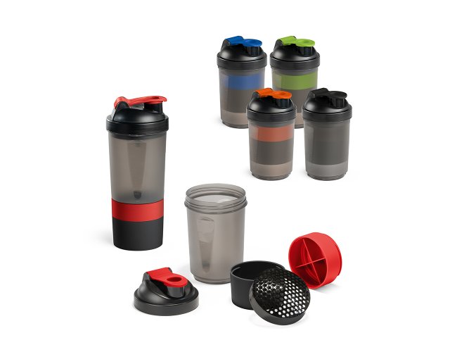 Shaker. PP e PE. Com 2 compartimentos para guardar suplementos adiciona