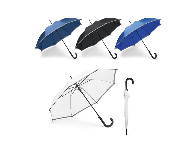 Guarda-chuva. Polister. Com faixa refletora. Pega revestida a borracha